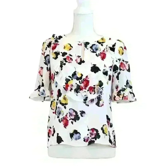 Ann Taylor Floral Short Sleeve Ruffled Bib Blouse w/ Neck Button Size XS Petite - Picture 1 of 8